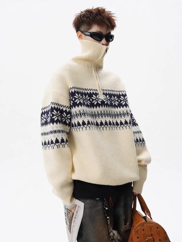 Unisex Strickpullover mit Stehkragen und Reißverschluss