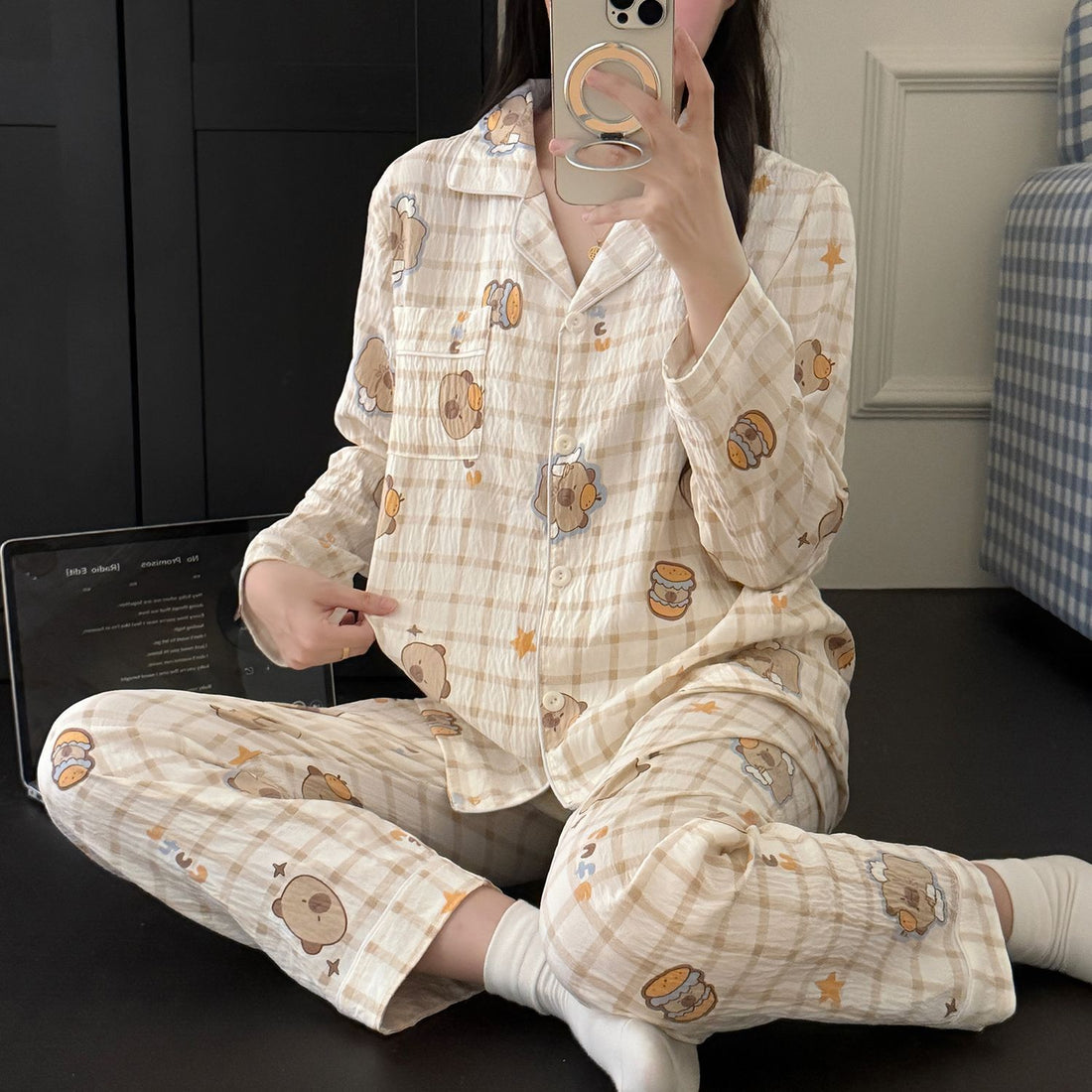 Damen-Pyjama-Set, langärmelig, Baumwolle, für Frühling und Herbst