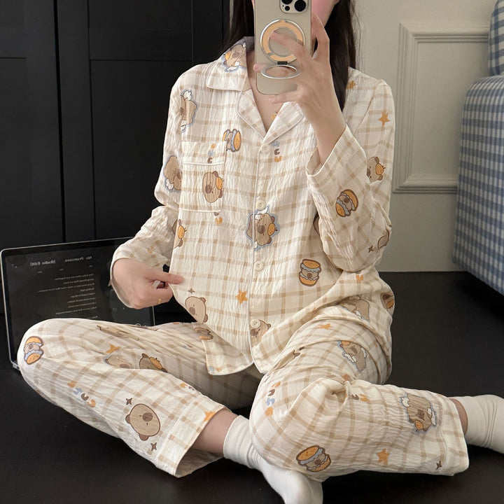 Damen-Pyjama-Set, langärmelig, Baumwolle, für Frühling und Herbst