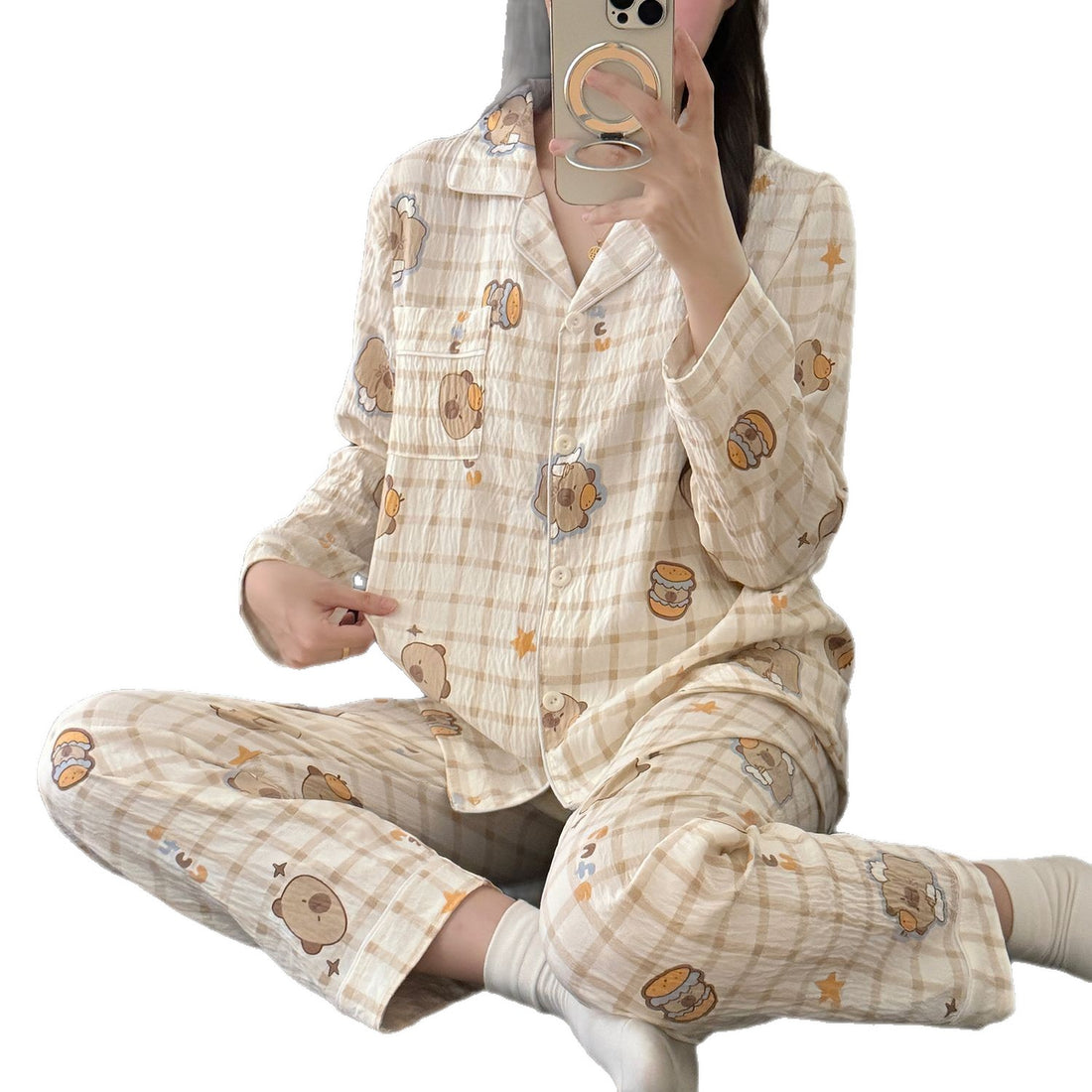 Damen-Pyjama-Set, langärmelig, Baumwolle, für Frühling und Herbst