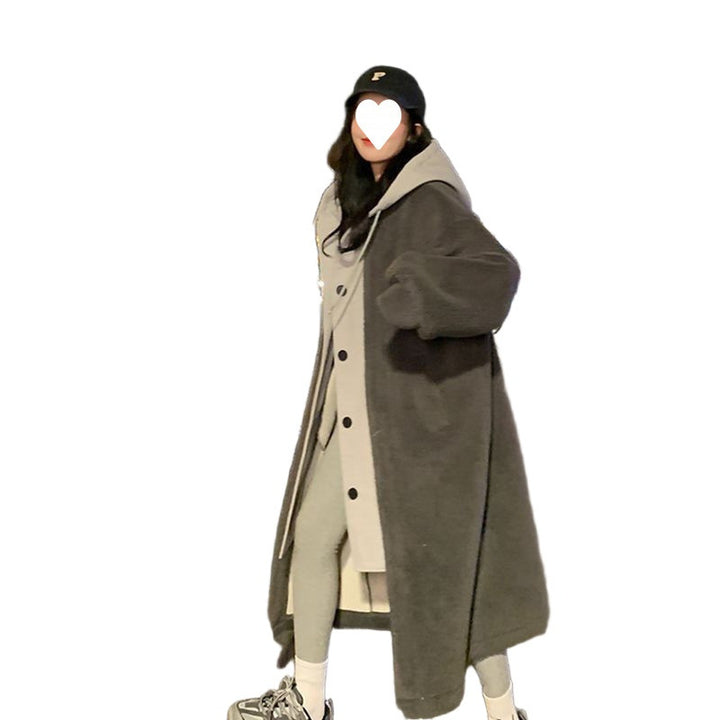 Lammfleece-Kapuzenmantel für Damen, lang, lockere Passform