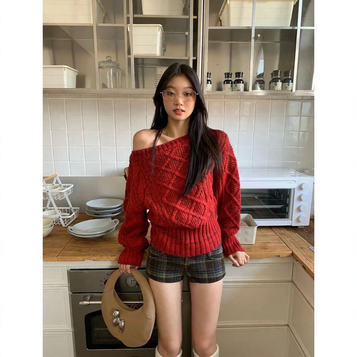 Kurzer Strickpullover mit Rautenmuster