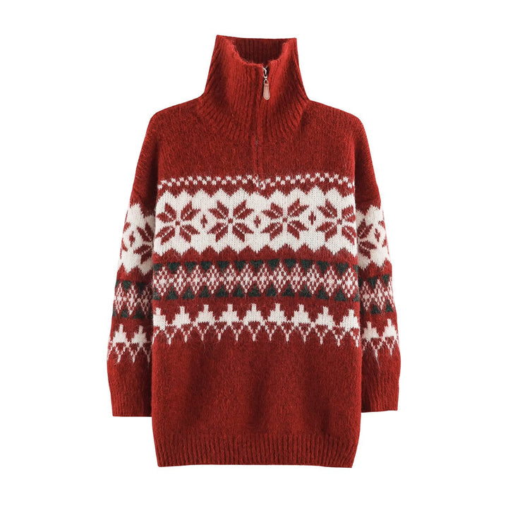 Fair-Isle Strickpullover mit Stehkragen und Reißverschluss