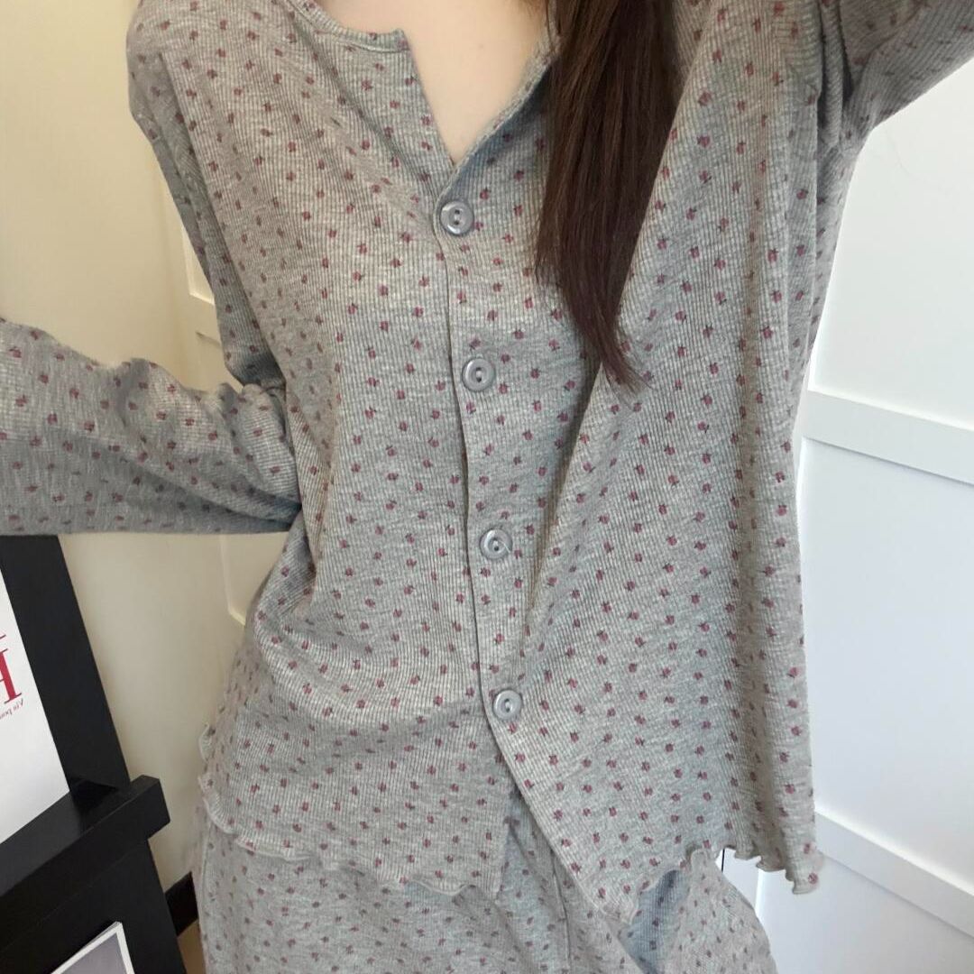 Damen-Pyjama-Set, floral, langärmelig, geknöpft