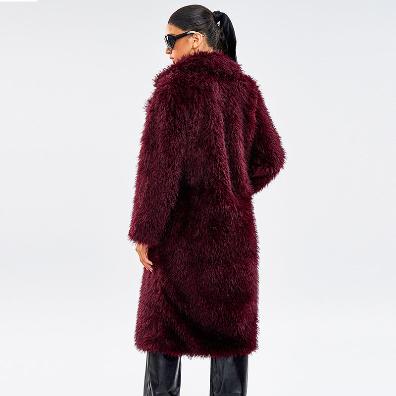 Langer Damen-Kunstpelzmantel im Schneefuchs-Look