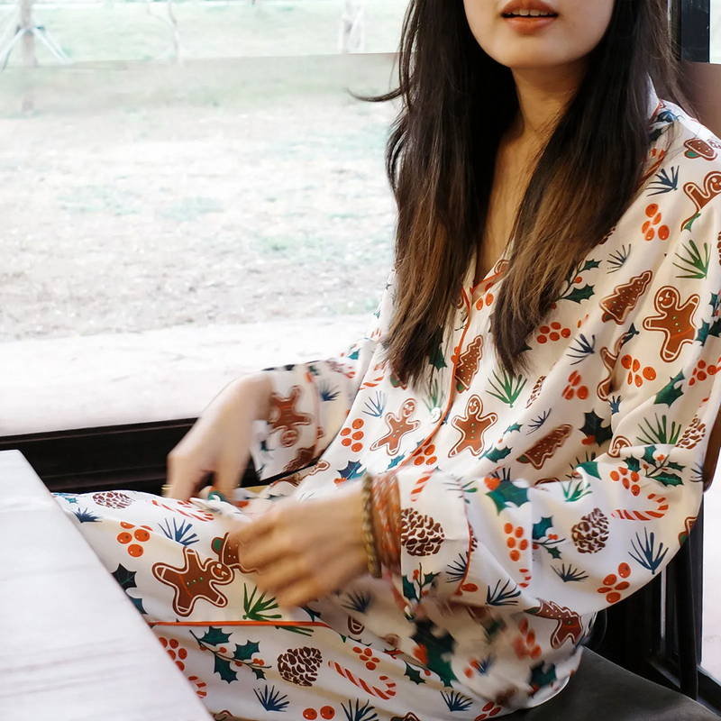 Damen-Pyjama-Set, Seidenoptik, Langarm, Weihnachtsmotiv
