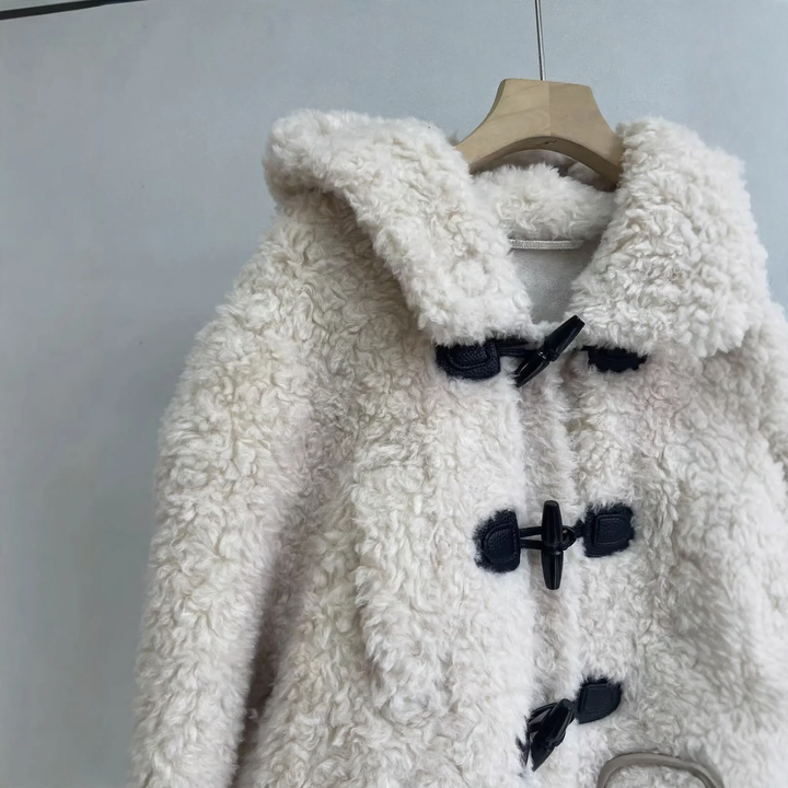 Damen-Teddy-Fleecejacke mit Kapuze und Knebelknöpfen