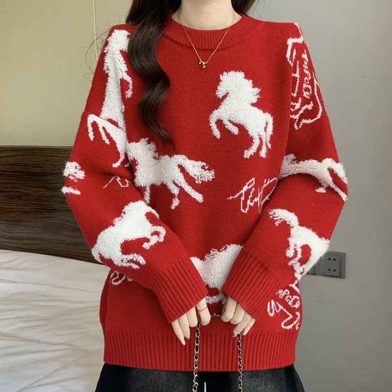 Roter Damen-Strickpullover mit Pferdestickerei