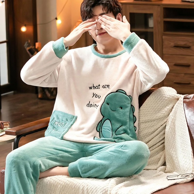 Herren-Pyjama-Set, Korallenfleece, warm und gefüttert