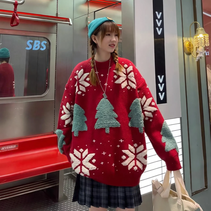Lockerer Weihnachts-Strickpullover mit Rentier-Motiv