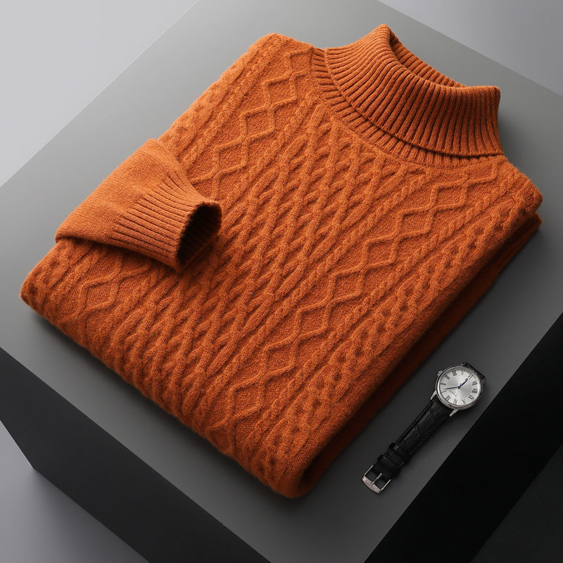 Herren-Wollpullover mit Reverskragen und Zopfmuster