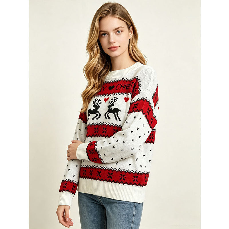 Lockerer Damen-Weihnachtspullover mit Rentier-Jacquard