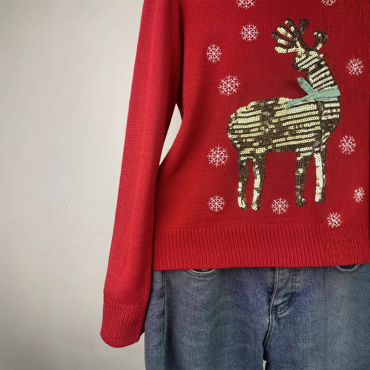 Damen-Weihnachtspullover mit Rentier-Stickerei und Pailletten