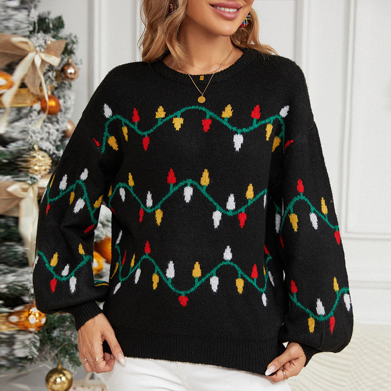 Weihnachtspullover mit Lichterketten-Motiv, locker geschnitten
