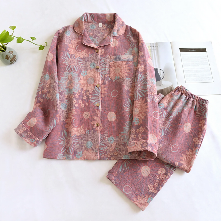 Damen-Pyjama-Set aus Baumwoll-Gaze, langärmelig, Vintage-Stil