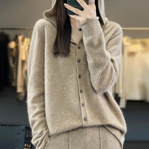 Damen-Strickjacke aus Merinowolle mit Kapuze