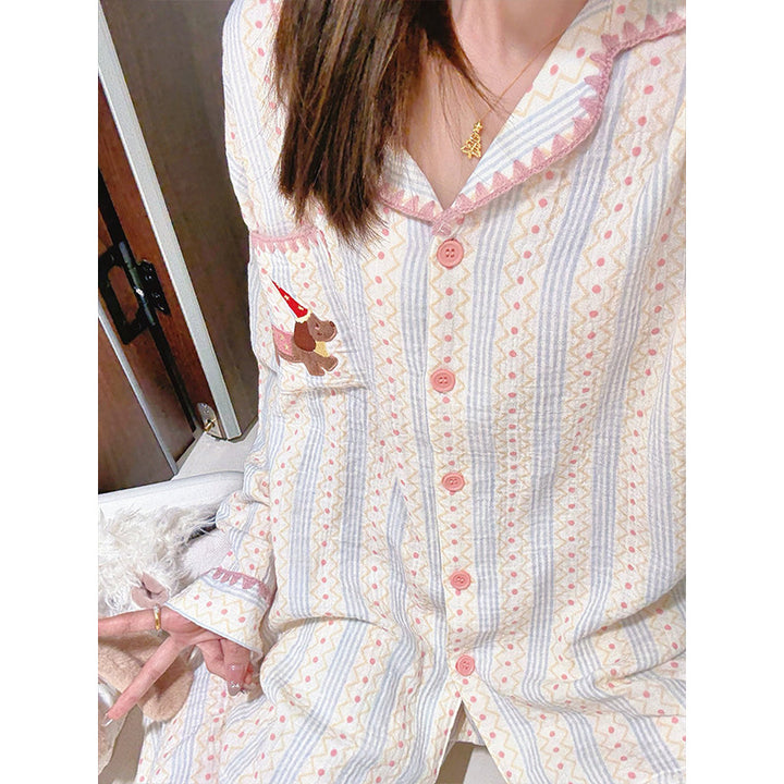 Damen-Pyjama-Set, Baumwolle, Muschelstickerei, Langarm