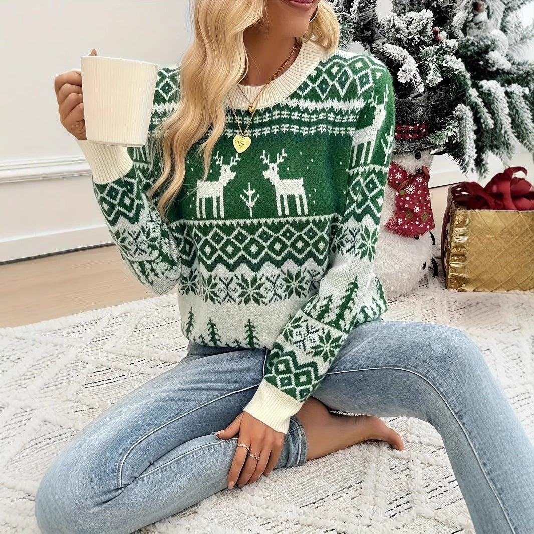 Retro-Weihnachtspullover für Damen mit Rentier-Jacquard