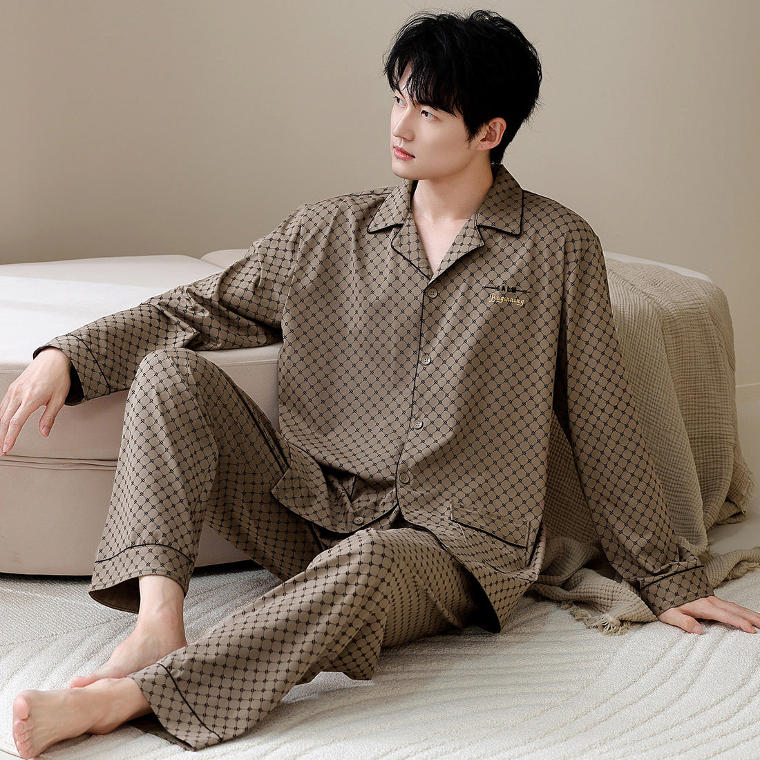 Herren-Pyjama-Set, Baumwolle, Langarm, klassisch