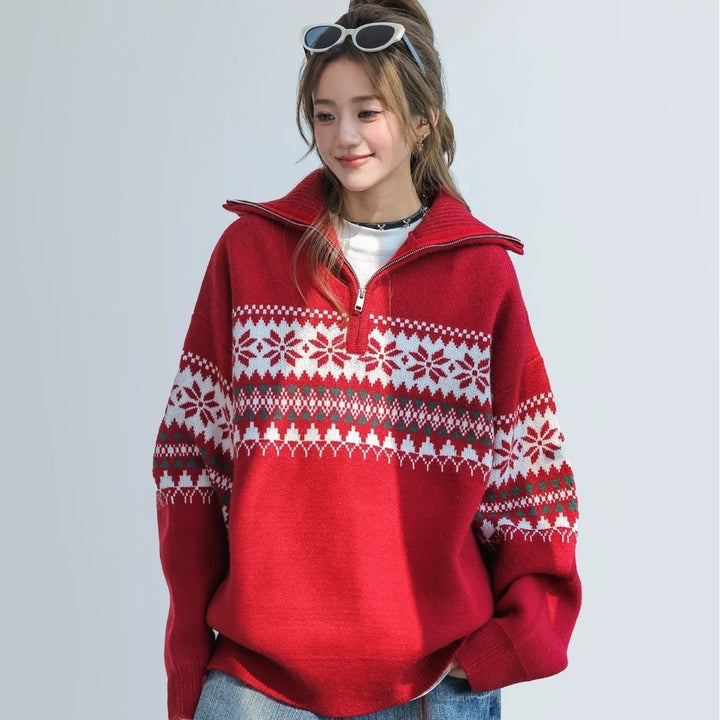 Damen-Strickpullover mit Reißverschluss und Kragen