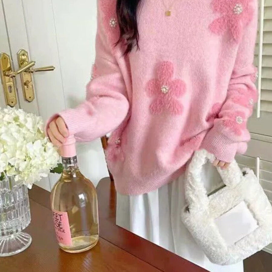 Damen-Strickpullover mit Blumenmuster und Perlenbesatz