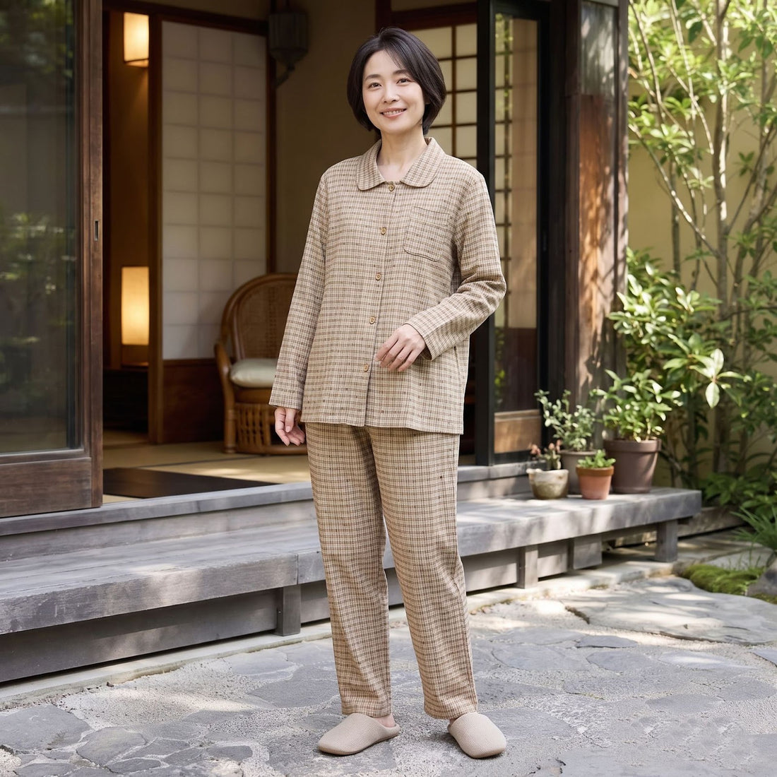 Damen-Pyjama-Set aus Baumwoll-Doppelgaze mit Revers