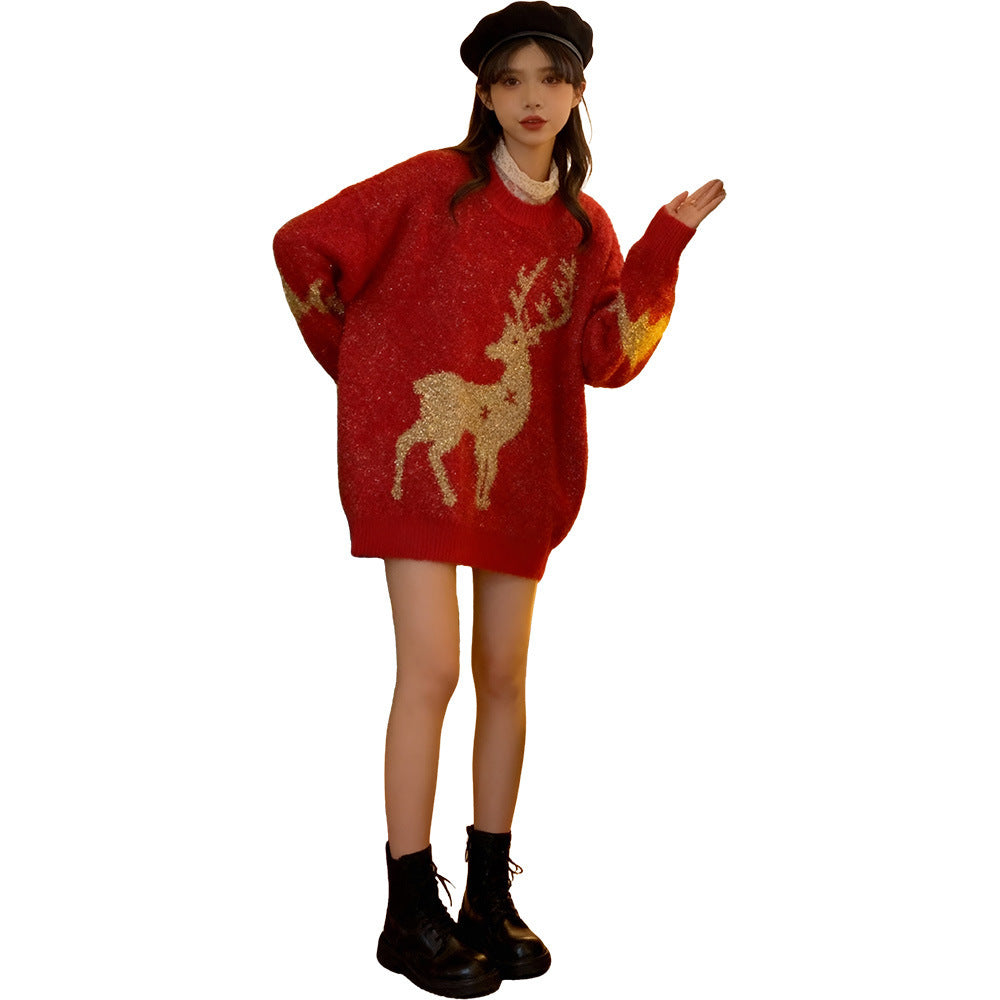 Weihnachtspullover, Rundhals, Rentier-Motiv, gestrickt