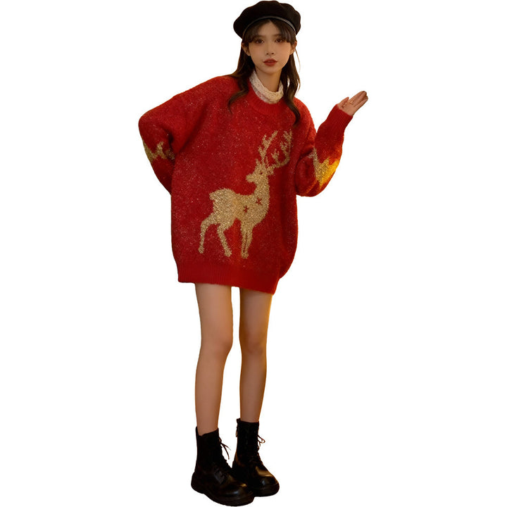 Weihnachtspullover, Rundhals, Rentier-Motiv, gestrickt