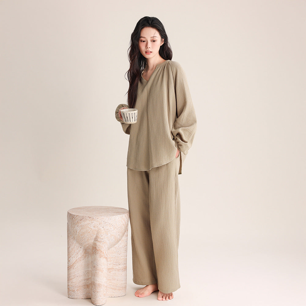 Damen-Pyjama-Set, Doppelschicht-Gaze, V-Ausschnitt