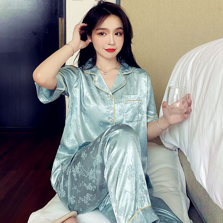 Damen-Pyjama-Set, Eisseide, Kurzarm, lange Hose
