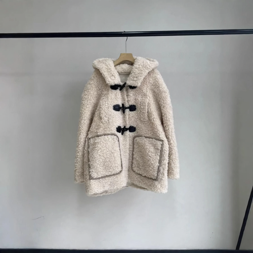 Damen-Teddy-Fleecejacke mit Kapuze und Knebelknöpfen