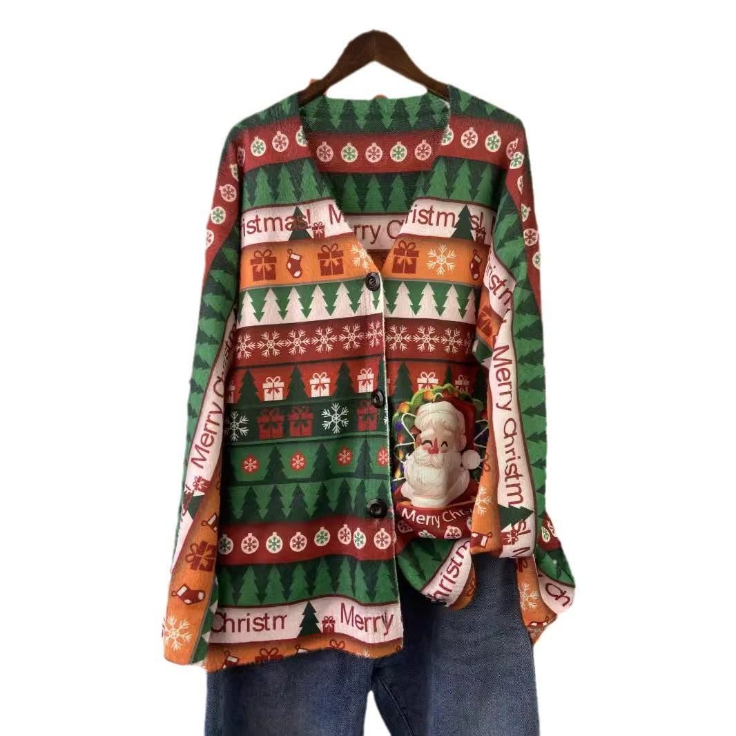 Festliche Strickjacke mit Weihnachtsmotiven, V-Ausschnitt