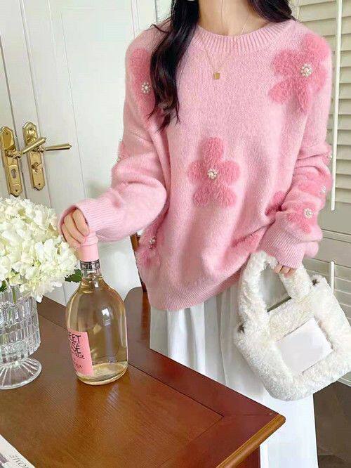 Damen-Strickpullover mit Blumenmuster und Perlenbesatz