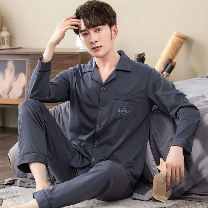 Herren-Pyjama-Set, 100% Baumwolle, langärmelig, geknöpft