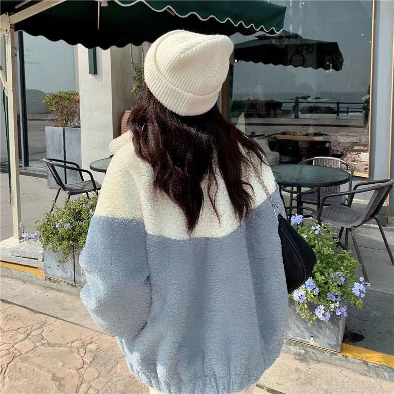 Lammfleece-Jacke für Damen, lockerer Schnitt, Patchwork-Design