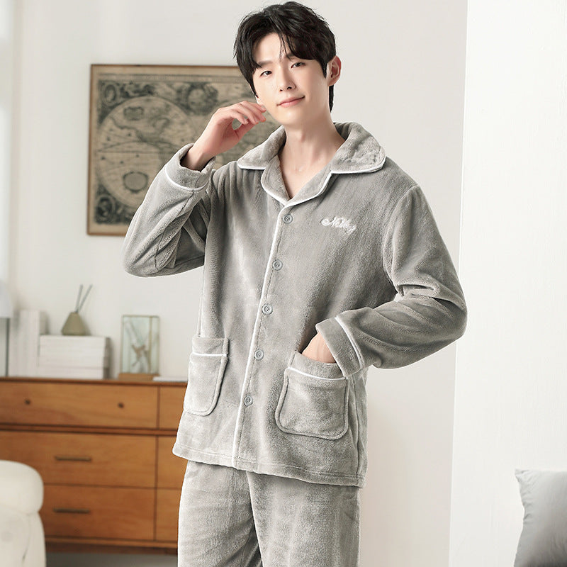 Herren-Pyjama-Set aus Flanell, bestickt, schlicht