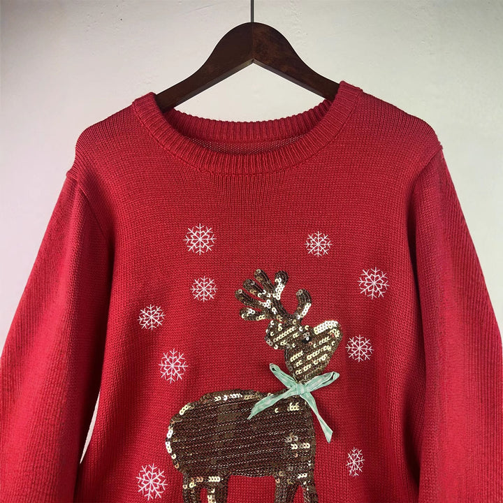 Damen-Weihnachtspullover mit Rentier-Stickerei und Pailletten