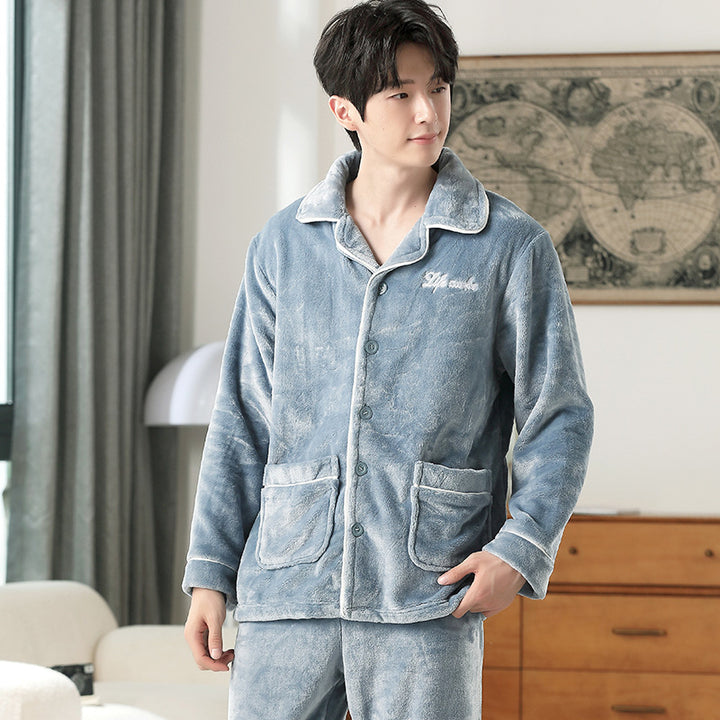 Herren-Pyjama-Set aus Flanell, bestickt, schlicht