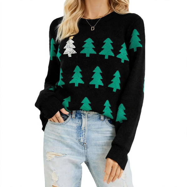 Damen-Weihnachtspullover mit Tannenbaum-Jacquard