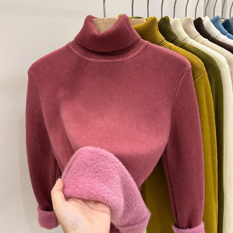 Damen-Rollkragenpullover, gefüttert, warm, Langarm