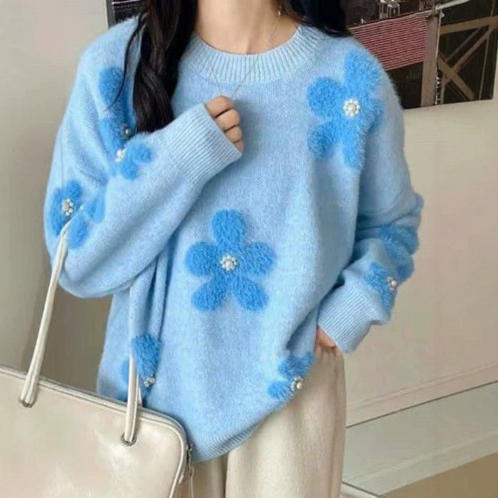 Damen-Strickpullover mit Blumenmuster und Perlenbesatz