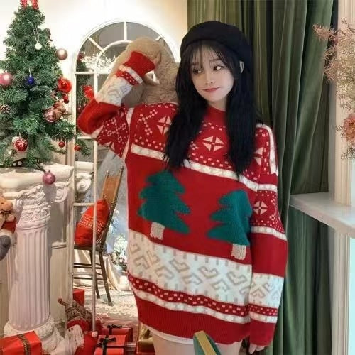 Damen-Strickpullover mit Weihnachtsmotiv, locker geschnitten