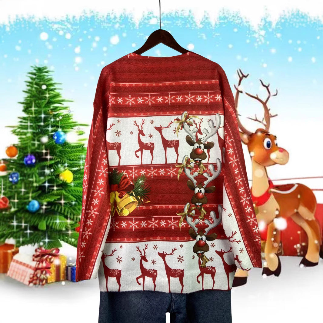 Festliche Strickjacke mit Weihnachtsmotiven, V-Ausschnitt