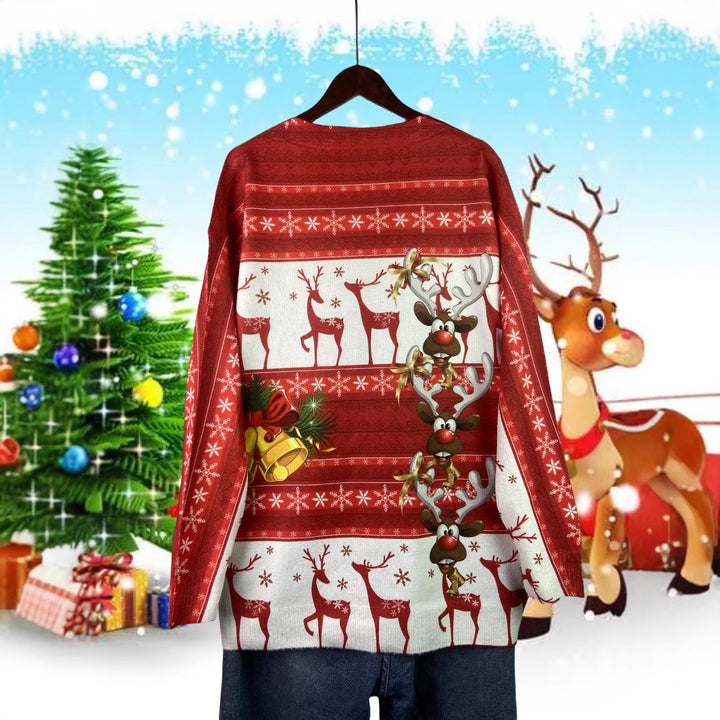 Festliche Strickjacke mit Weihnachtsmotiven, V-Ausschnitt
