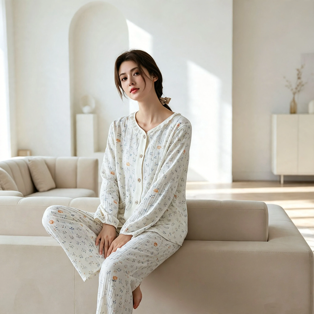 Damen-Pyjama-Set aus Baumwoll-Gaze, leicht, Landhausstil