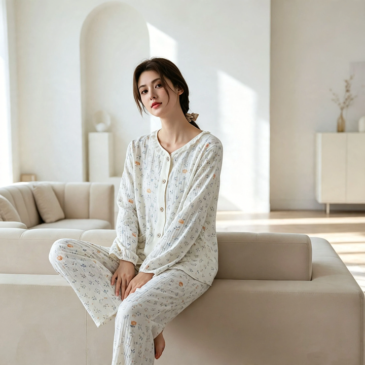 Damen-Pyjama-Set aus Baumwoll-Gaze, leicht, Landhausstil
