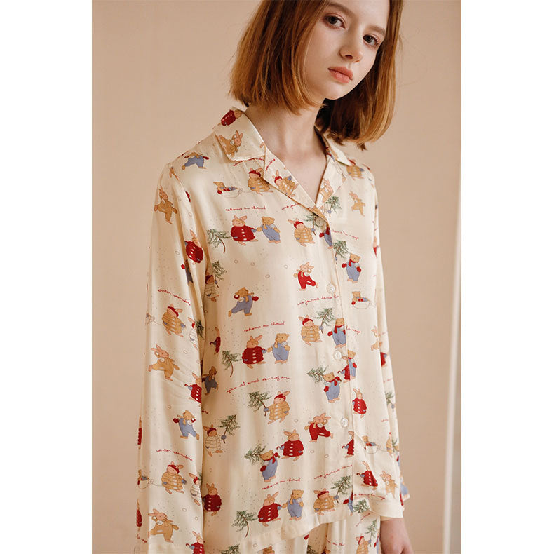 Damen-Pyjama-Set, Satin-Optik, Weihnachtshasen-Druck