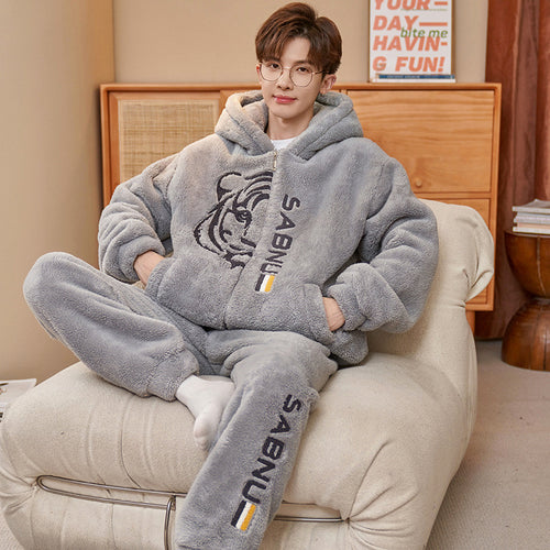 Herren-Pyjama-Set, Korallenfleece, gefüttert, warm