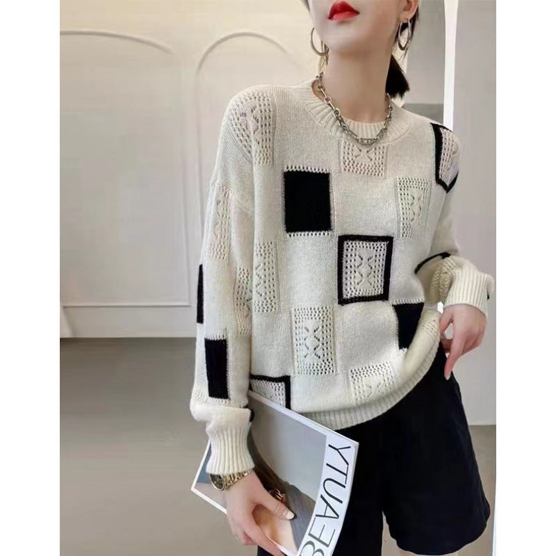 Damen-Strickpullover, kariert, Rundhalsausschnitt