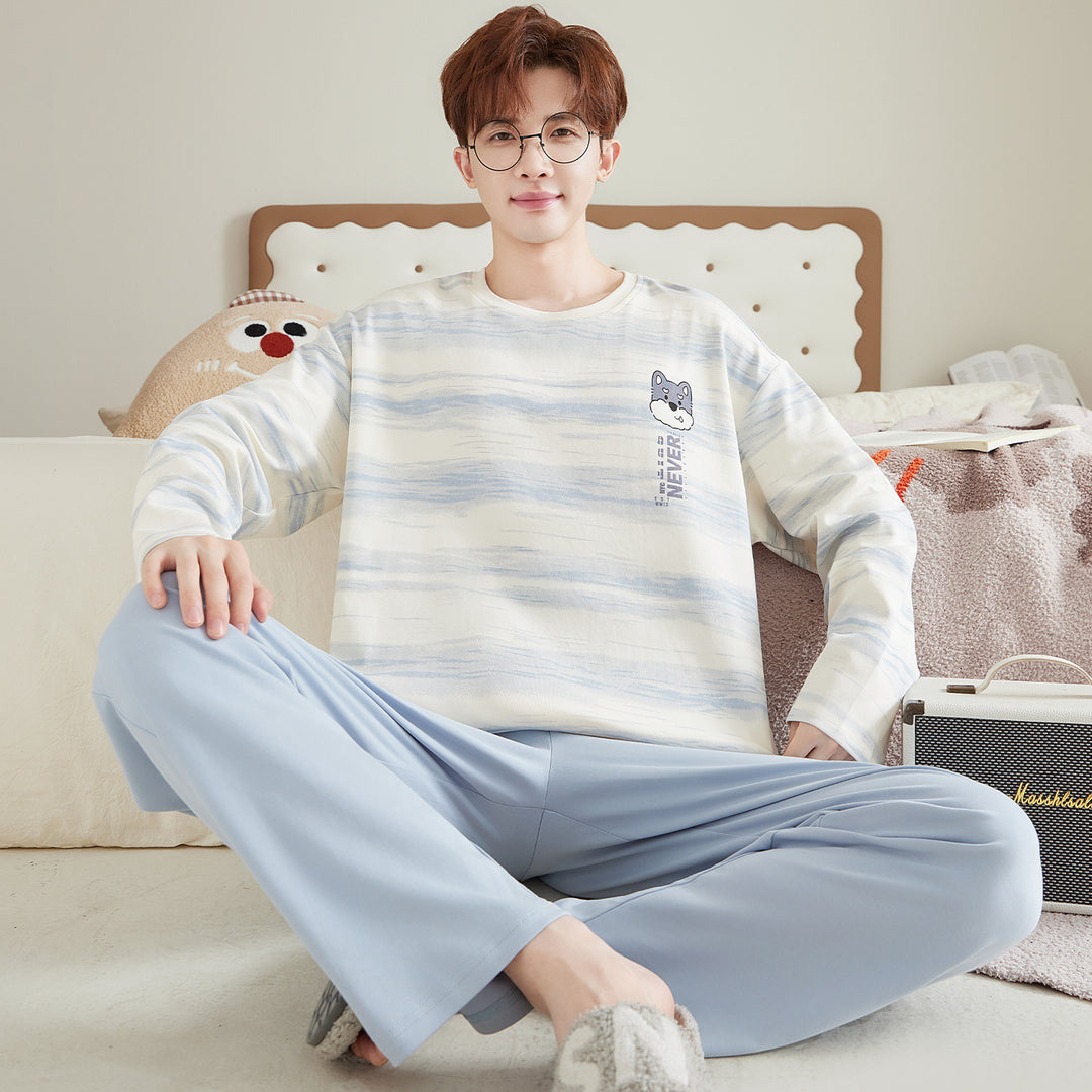 Herren-Pyjama-Set, Baumwolle, Langarm, große Größen